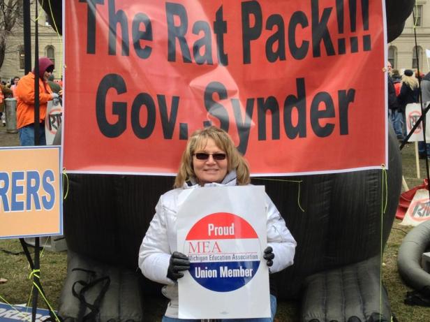 Oops: MEA member misspells Gov. Snyder's name during Lansing protest. (photo:Michael Moon)